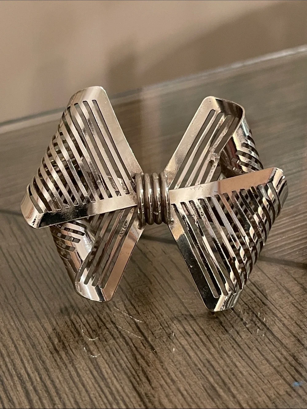 Vintage Mid-Century Silver-tone Lined Bow Brooch - Ribbon Brooch